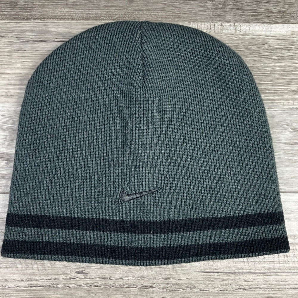 Nike Youth  Knit Beanie Hat Green Black Striped Swoosh 2427-693